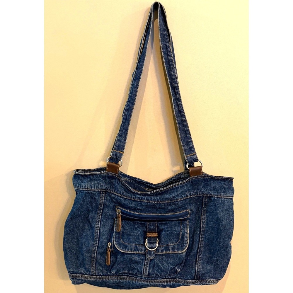 Vintage Blue Denim Tote Shoulder Bag Multi Pocket Cotton Faux Leather Trim